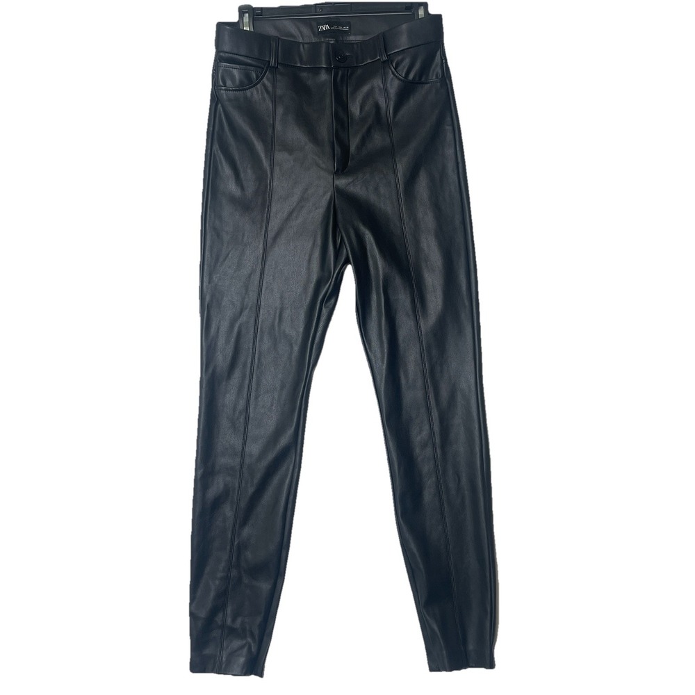 Zara Faux Leather Pants Womens Size Large Black High Rise Ankle Zipper Casual